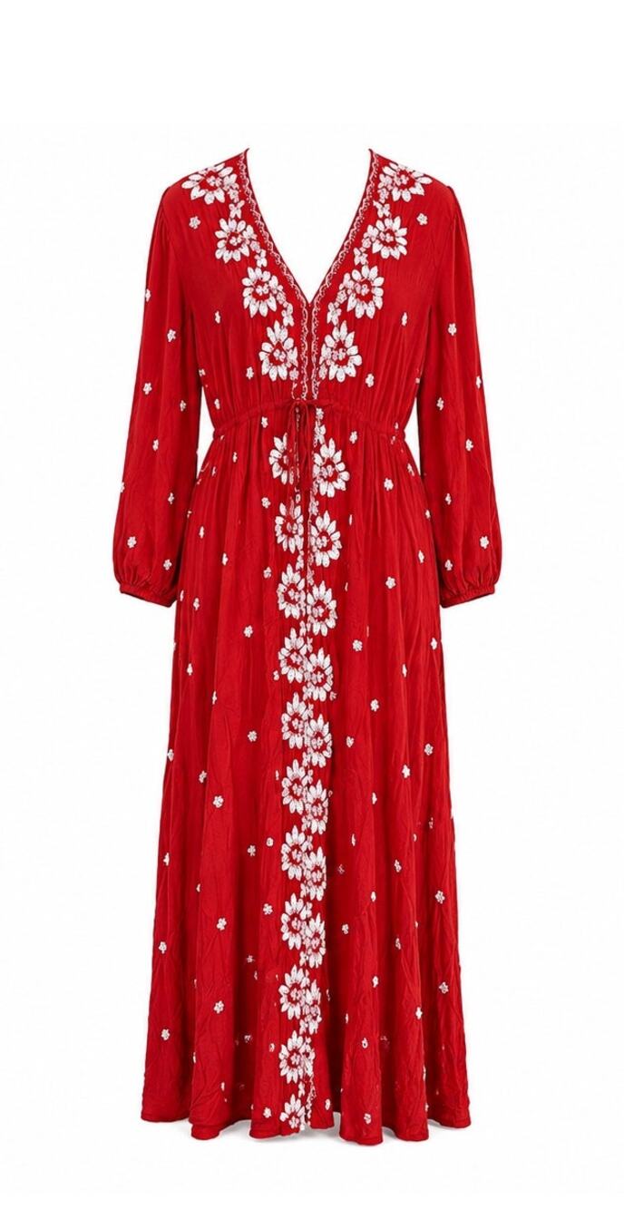 Free People Red Embroidered Boho Maxi Dress Long Sleeve Tie Front Size M - Picture 1 of 7